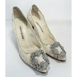 Manolo Blahnik Hangisi White Corded Lace Pumps Crystal-Embellished Wedding EU 35